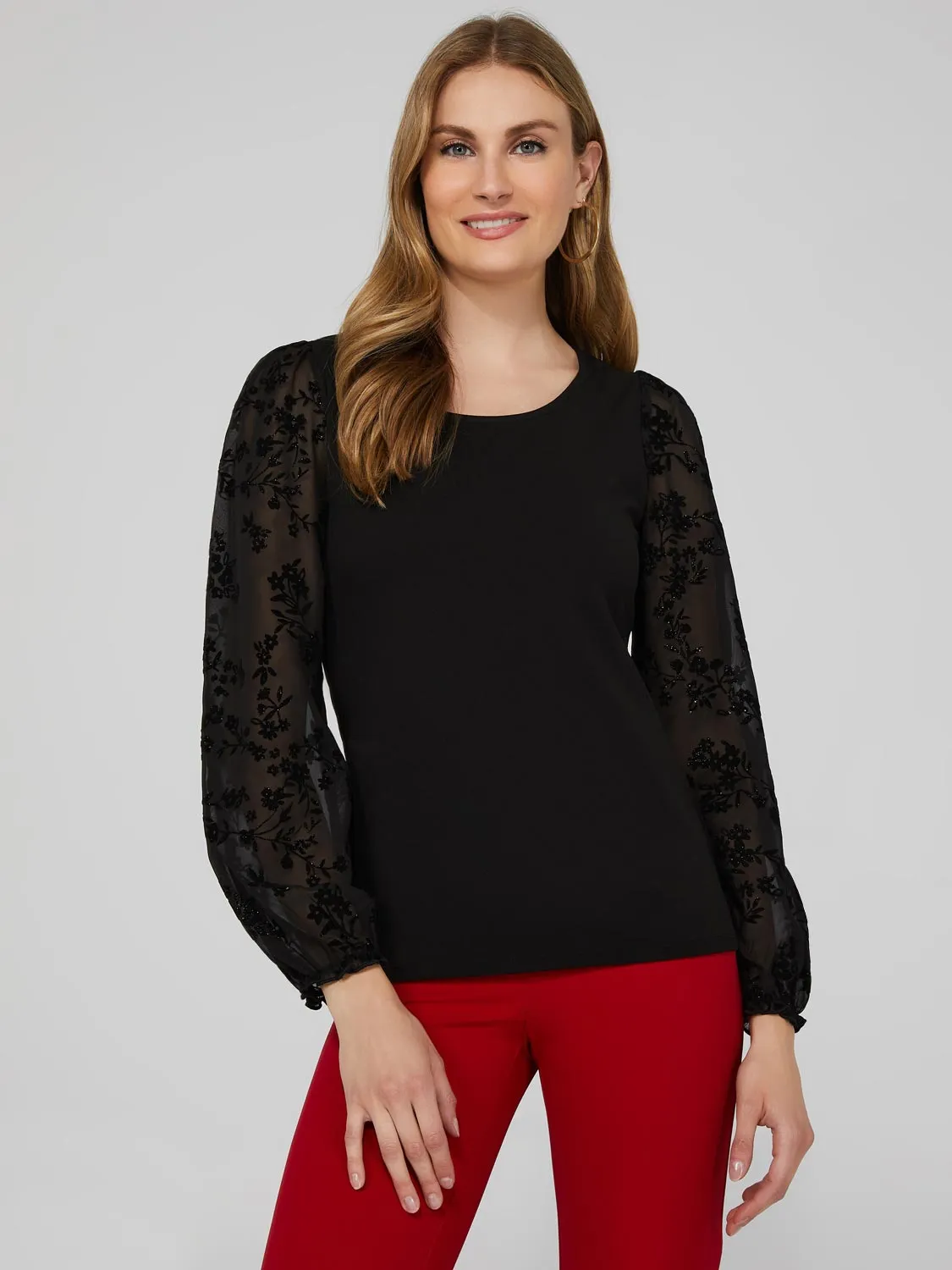 Round Neck Top With Sheer Chiffon Long Sleeves sold by Suzy Shier