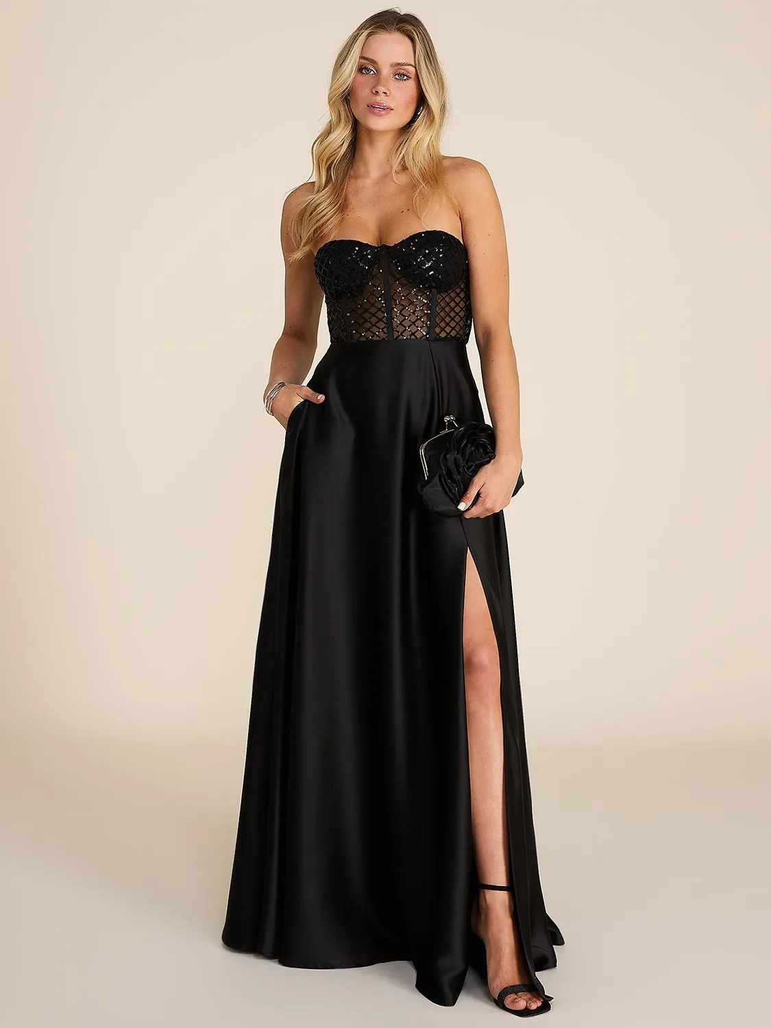 Sleeveless Sequin Bustier & Satin Gown sold by Suzy Shier product image thumbnail 2