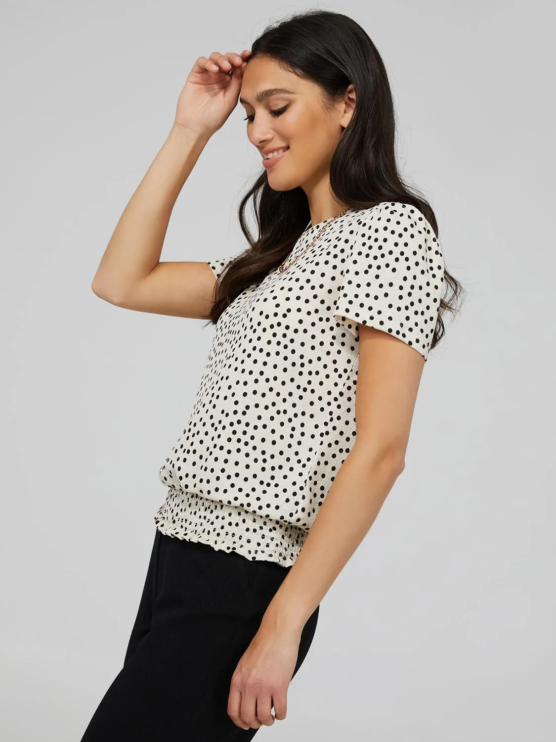 Polka Dot Textured T-Shirt With Smocked Bottom Band sold by Suzy Shier product image thumbnail 4