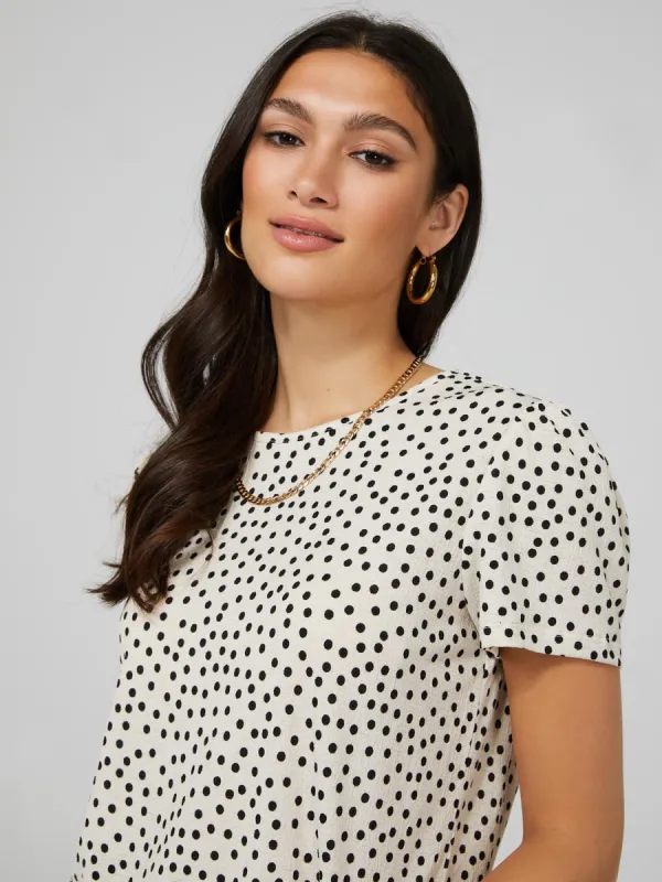 Polka Dot Textured T-Shirt With Smocked Bottom Band sold by Suzy Shier