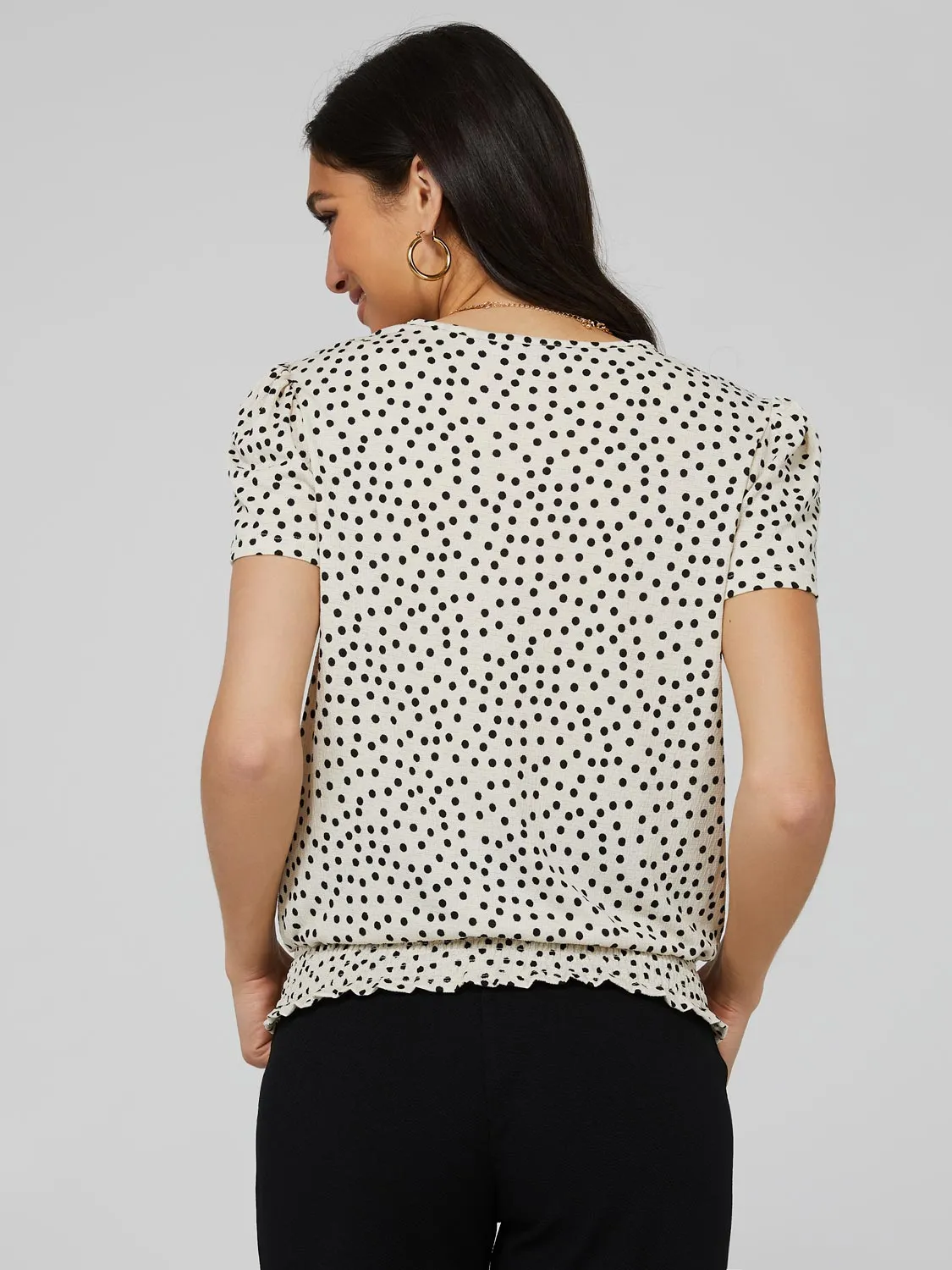 Polka Dot Textured T-Shirt With Smocked Bottom Band sold by Suzy Shier product image thumbnail 5