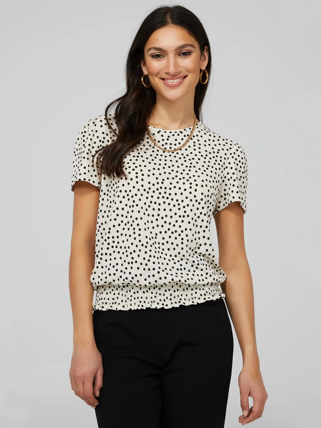 Polka Dot Textured T-Shirt With Smocked Bottom Band sold by Suzy Shier product image thumbnail 2
