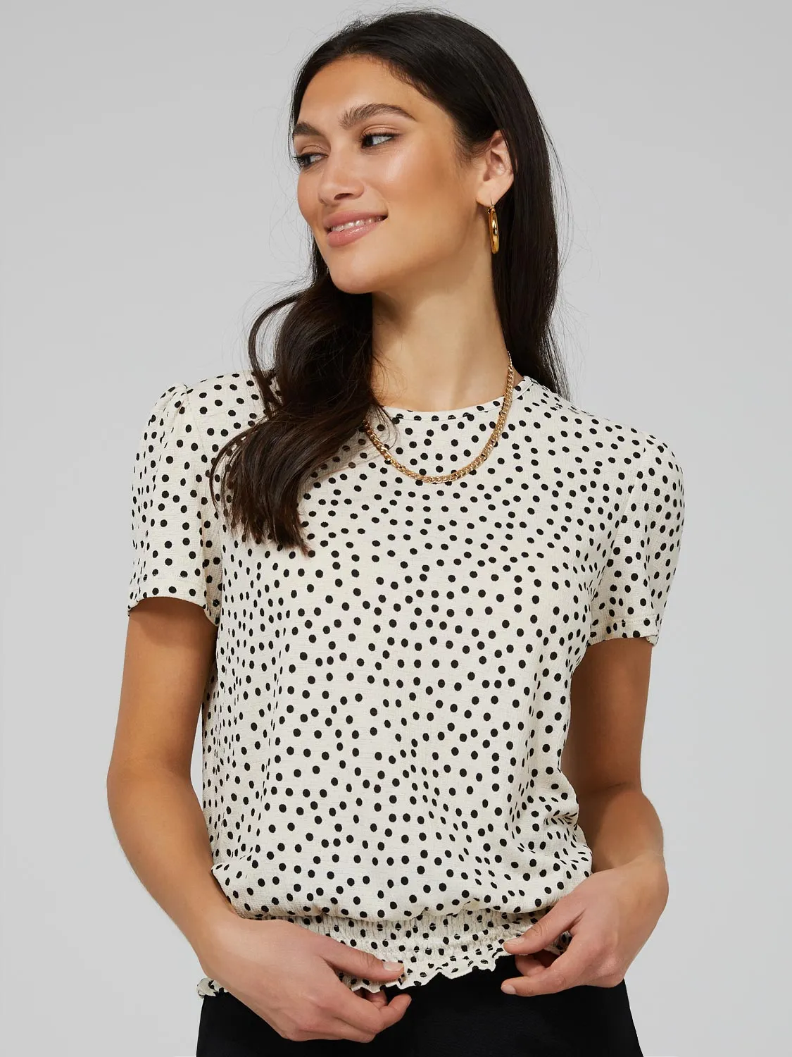 Polka Dot Textured T-Shirt With Smocked Bottom Band sold by Suzy Shier product image thumbnail 3