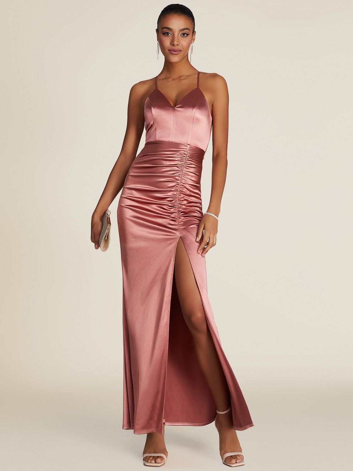 Satin Lace-Back Gown With Front Ruching sold by Suzy Shier