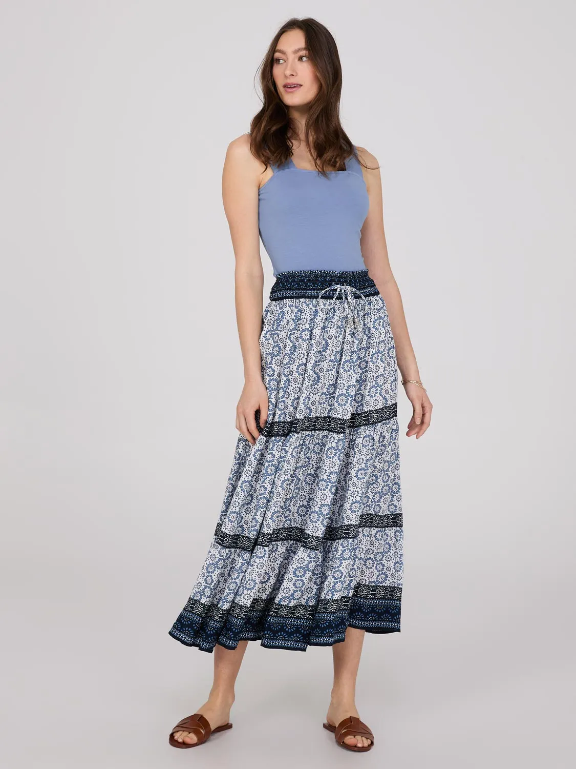 Border Print 3-Tier Maxi Skirt sold by Suzy Shier