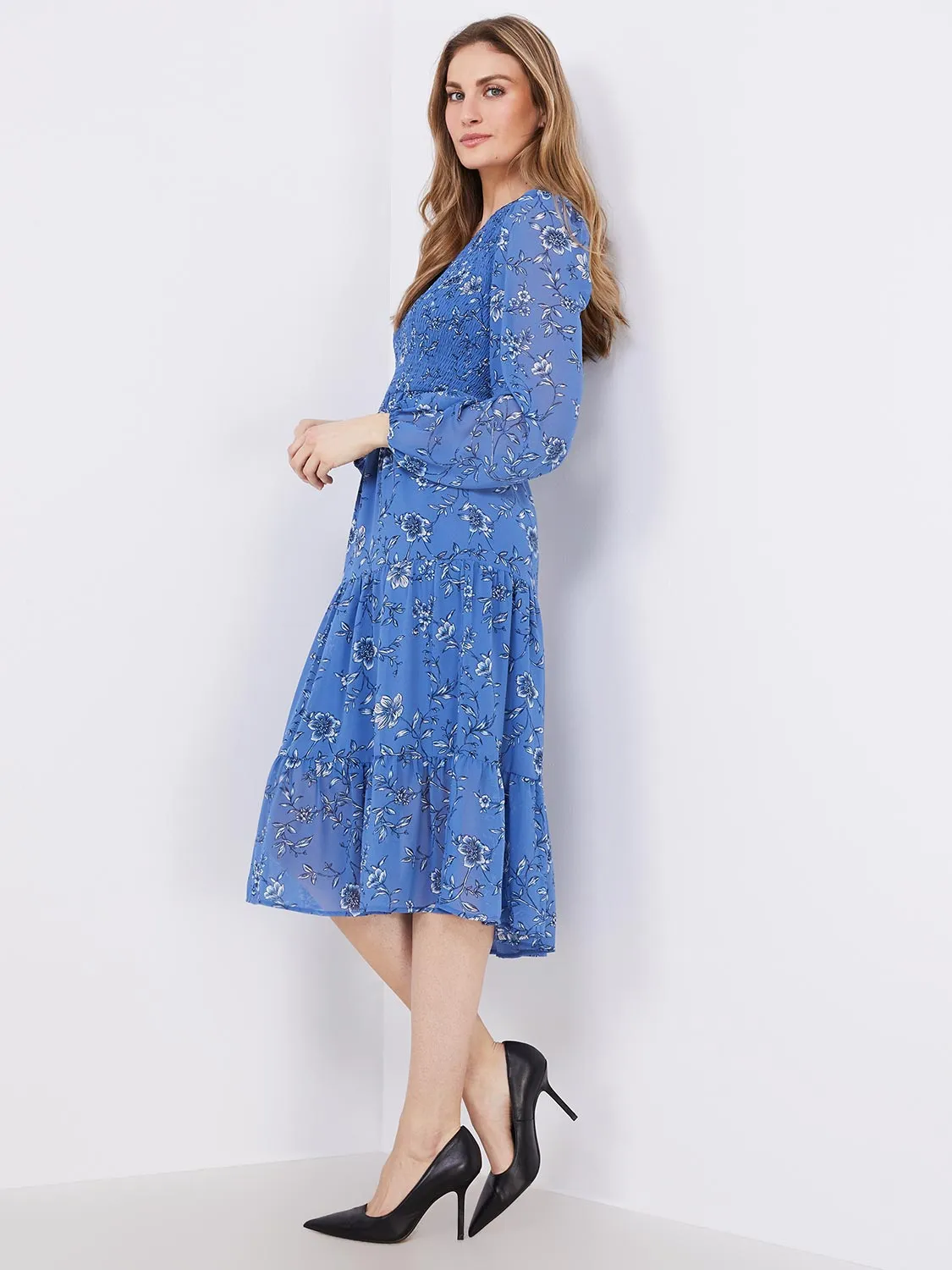 Floral Print Smocked V-Neck Midi Dress sold by Suzy Shier product image thumbnail 4