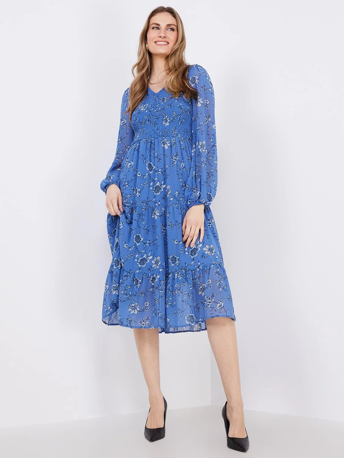 Floral Print Smocked V-Neck Midi Dress sold by Suzy Shier product image thumbnail 3