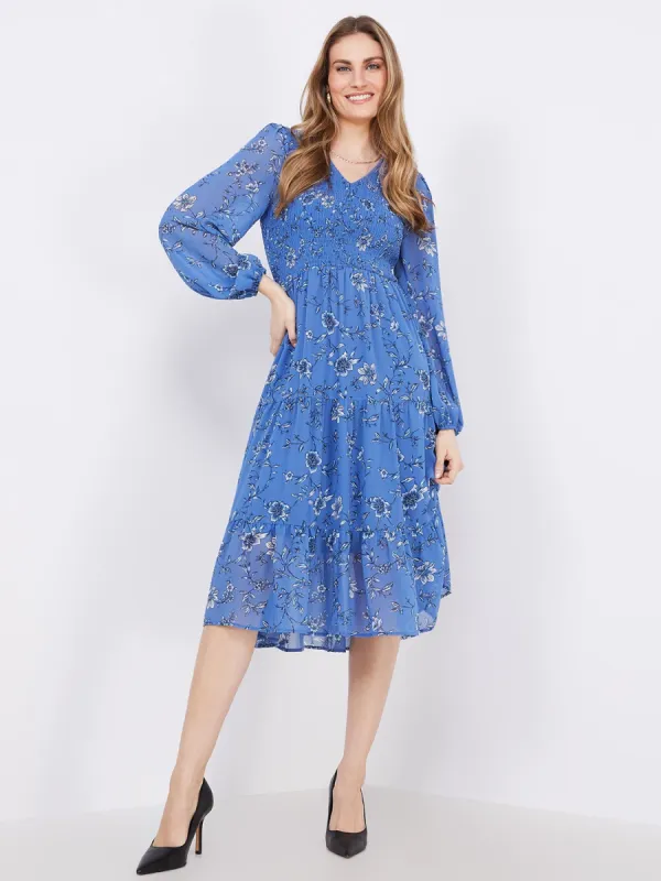 Floral Print Smocked V-Neck Midi Dress sold by Suzy Shier
