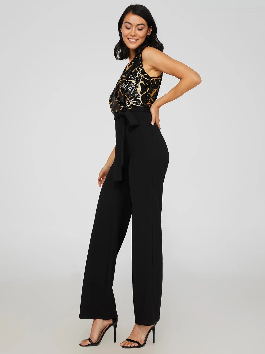 Black & Gold Sequin Wide Leg Jumpsuit sold by Suzy Shier product image thumbnail 4