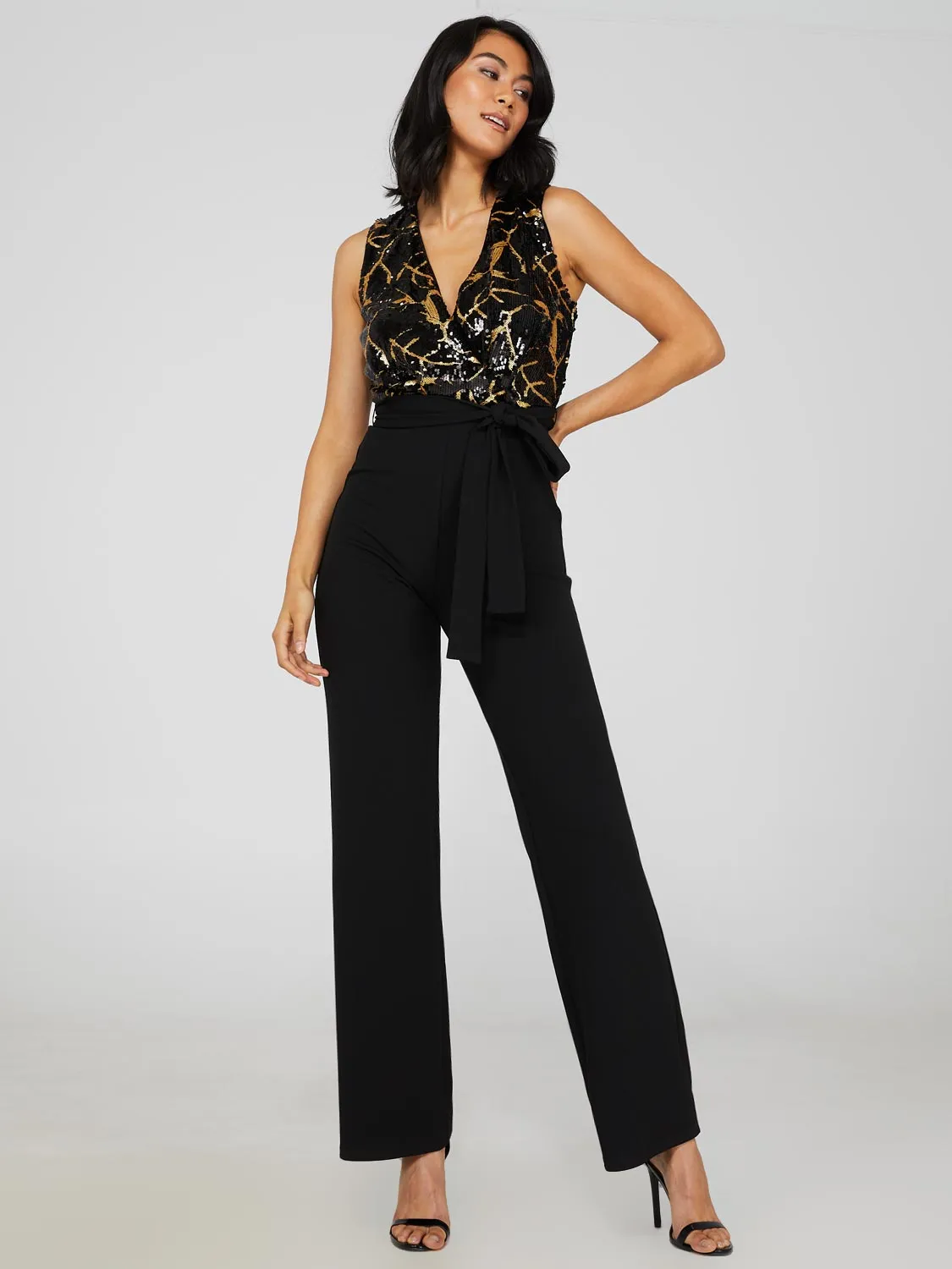 Black & Gold Sequin Wide Leg Jumpsuit sold by Suzy Shier