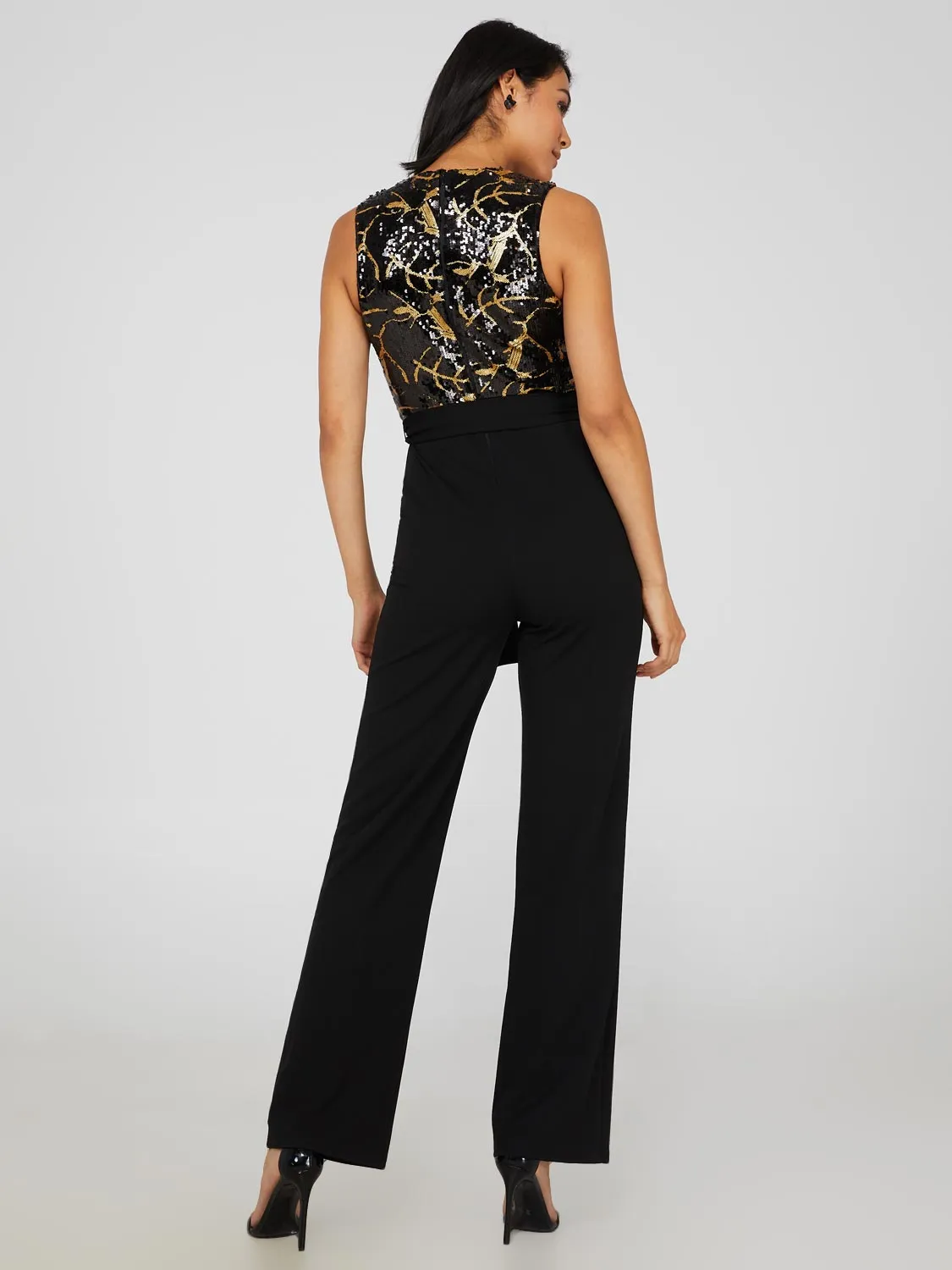 Black & Gold Sequin Wide Leg Jumpsuit sold by Suzy Shier product image thumbnail 5