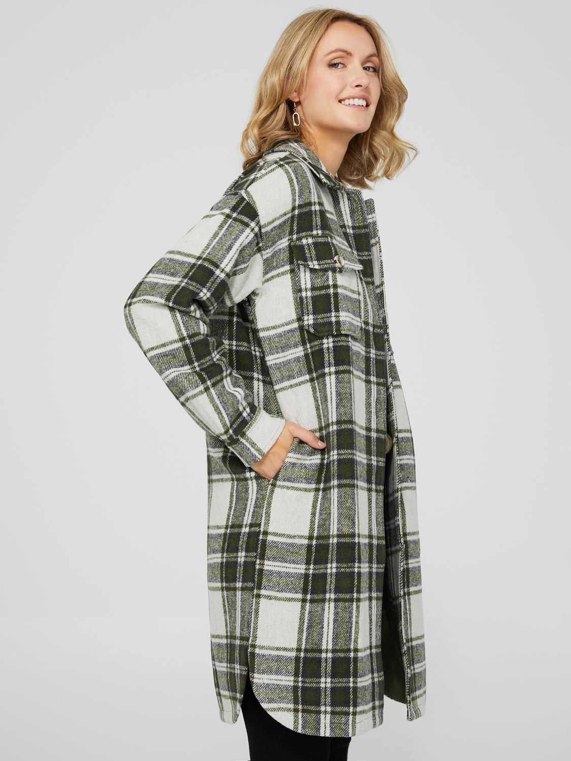 Long Plaid Shacket With Flap Pockets sold by Suzy Shier product image thumbnail 3