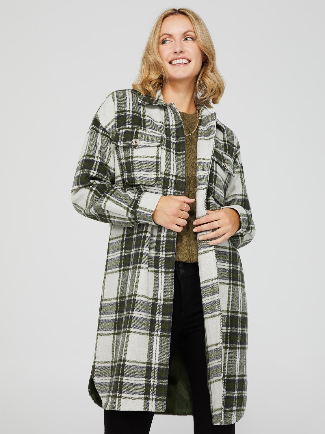 Long Plaid Shacket With Flap Pockets sold by Suzy Shier