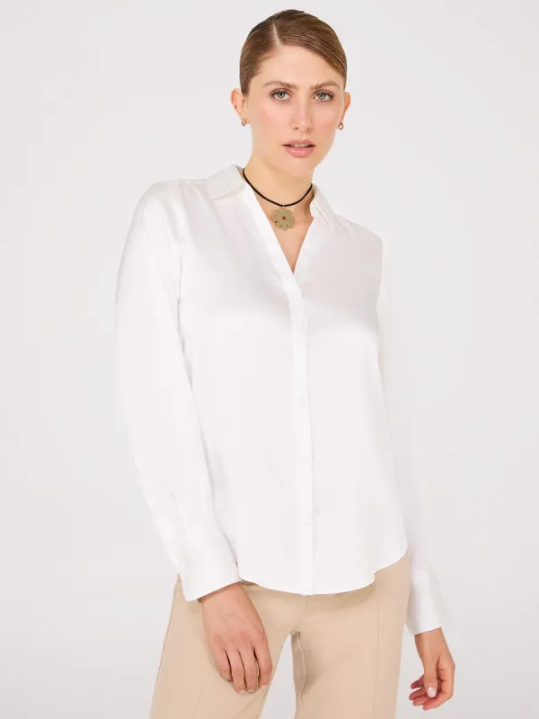Satin Button-Front Blouse sold by Suzy Shier
