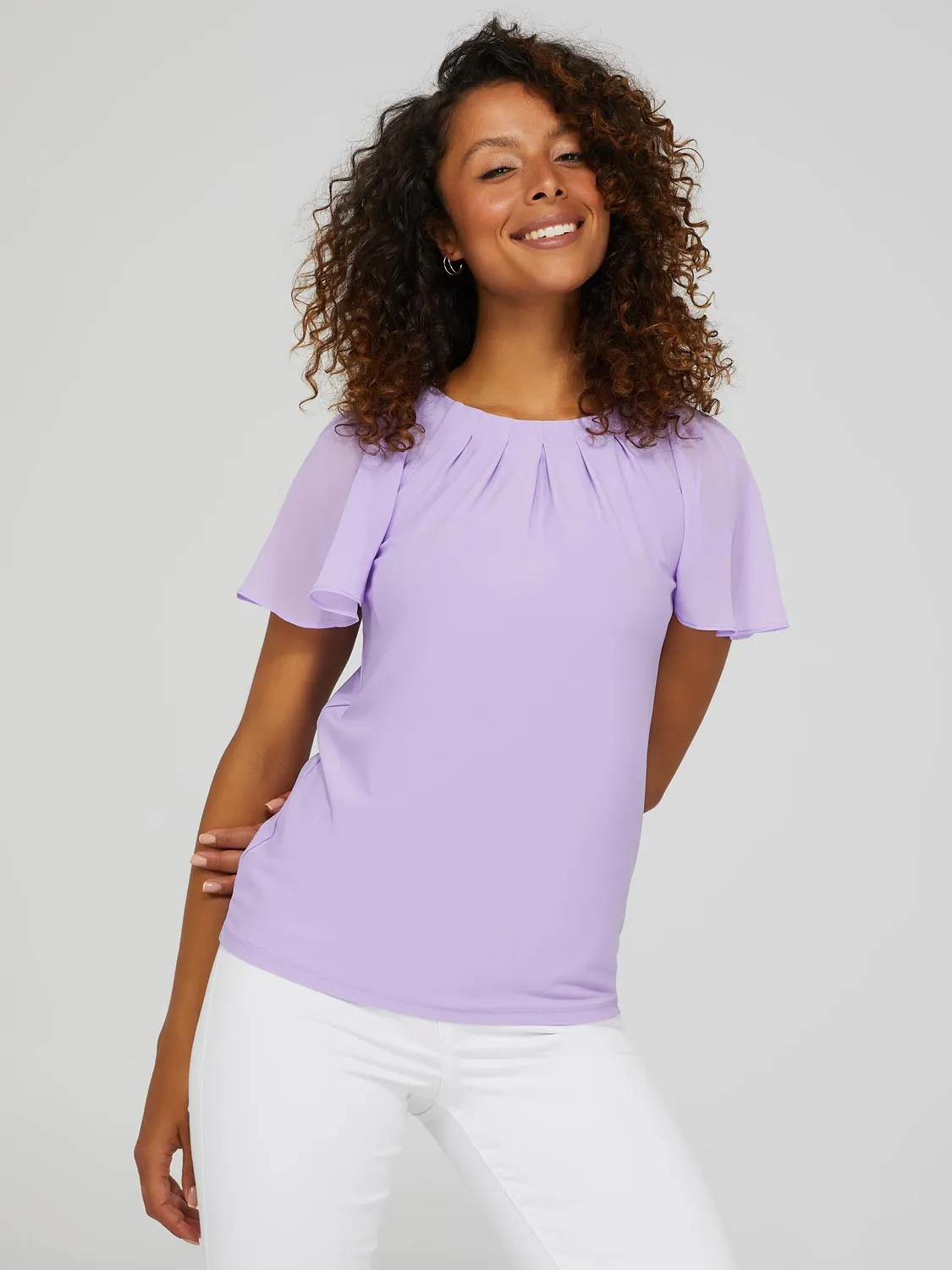 Pleated Crew Neck Top With Chiffon Flutter Sleeves sold by Suzy Shier