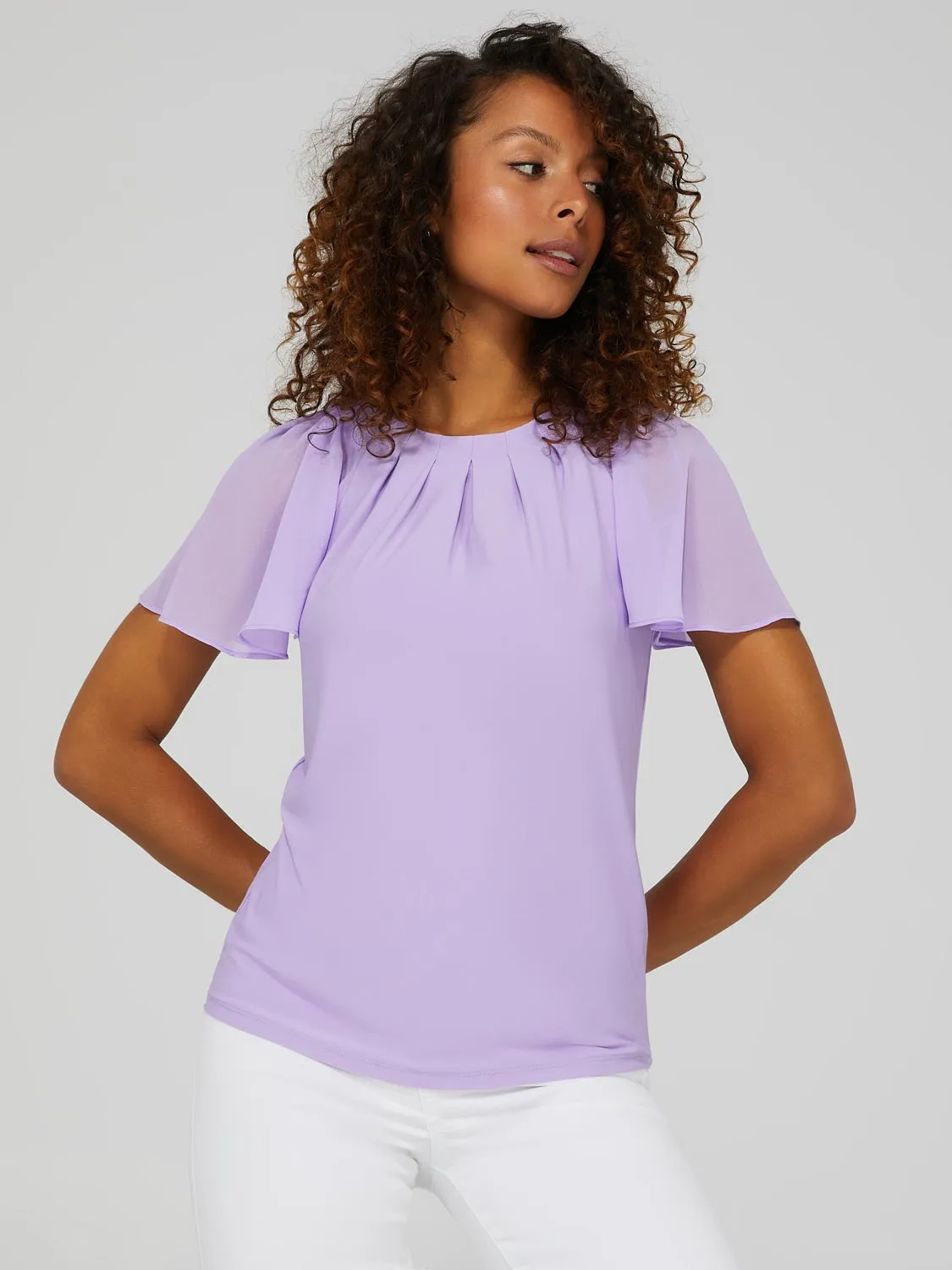 Pleated Crew Neck Top With Chiffon Flutter Sleeves sold by Suzy Shier product image thumbnail 3