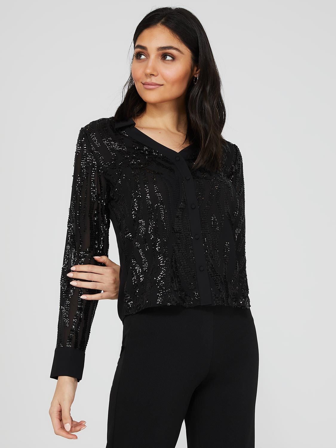 Sequin Button-Front V-Neck Blouse sold by Suzy Shier