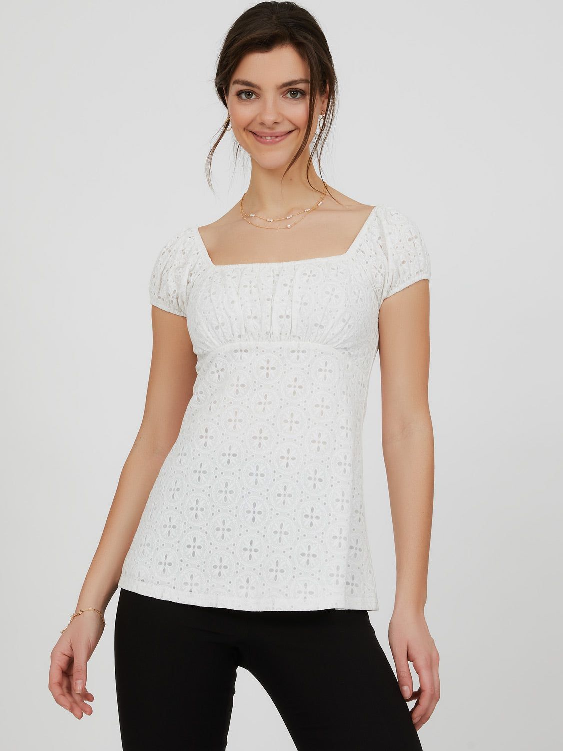 Short Puff Sleeve Burnout Milkmaid Top sold by Suzy Shier product image thumbnail 2