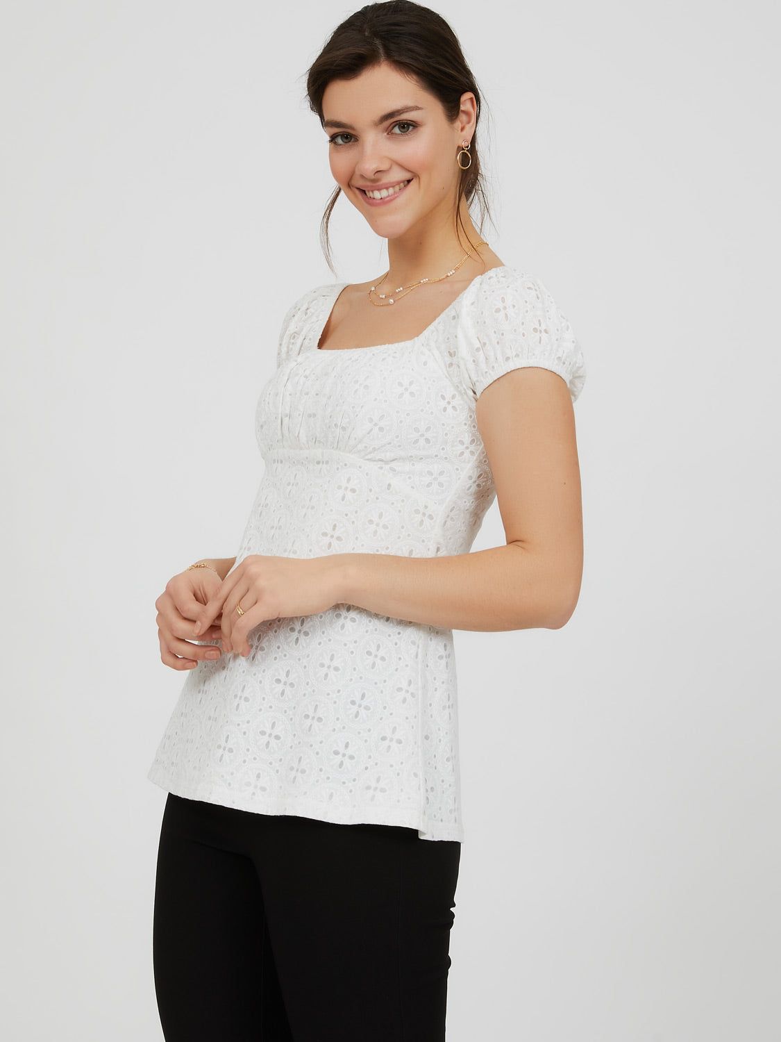 Short Puff Sleeve Burnout Milkmaid Top sold by Suzy Shier