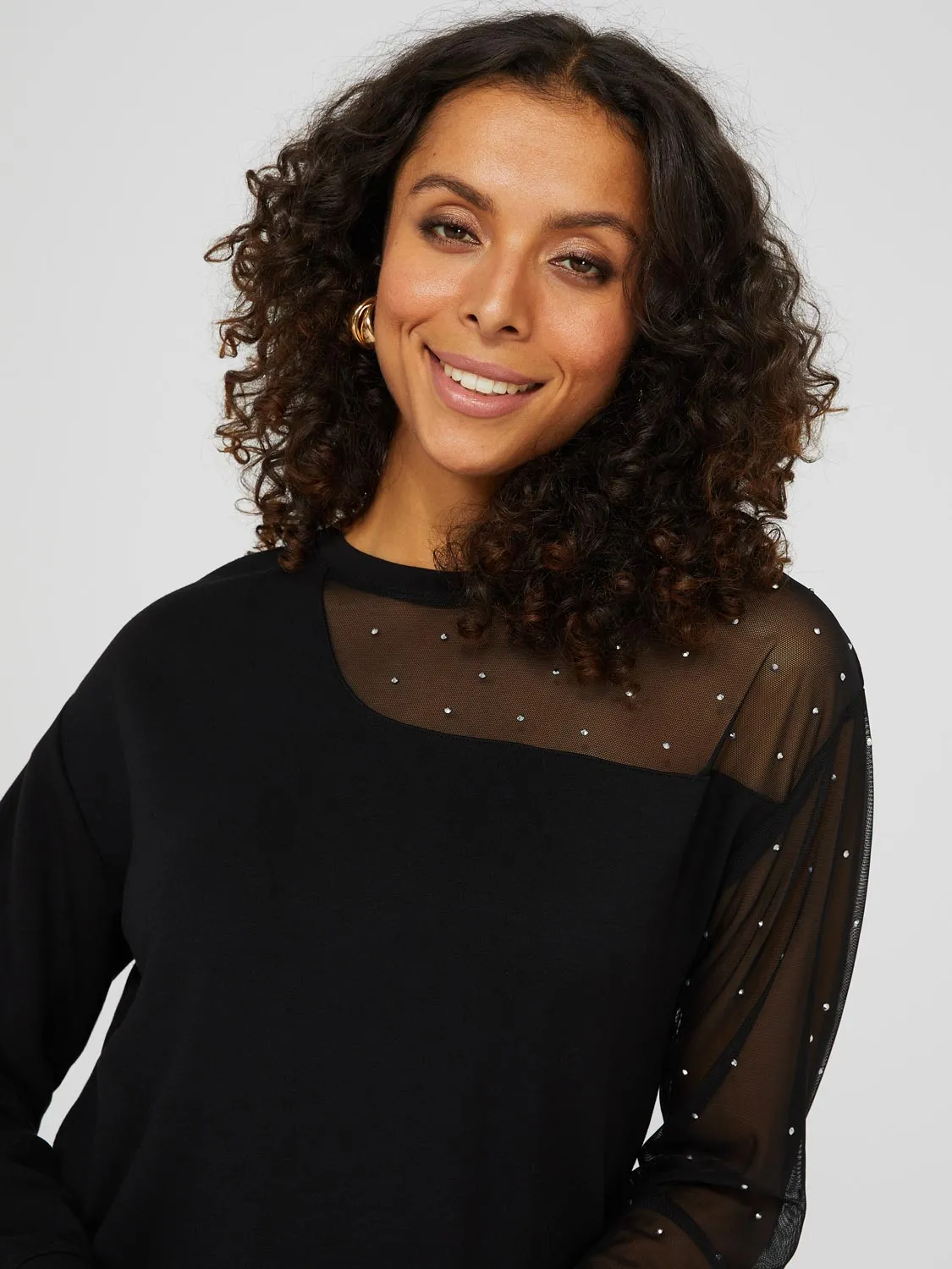 Jersey Sweatshirt With Rhinestone Mesh Sleeve sold by Suzy Shier product image thumbnail 2