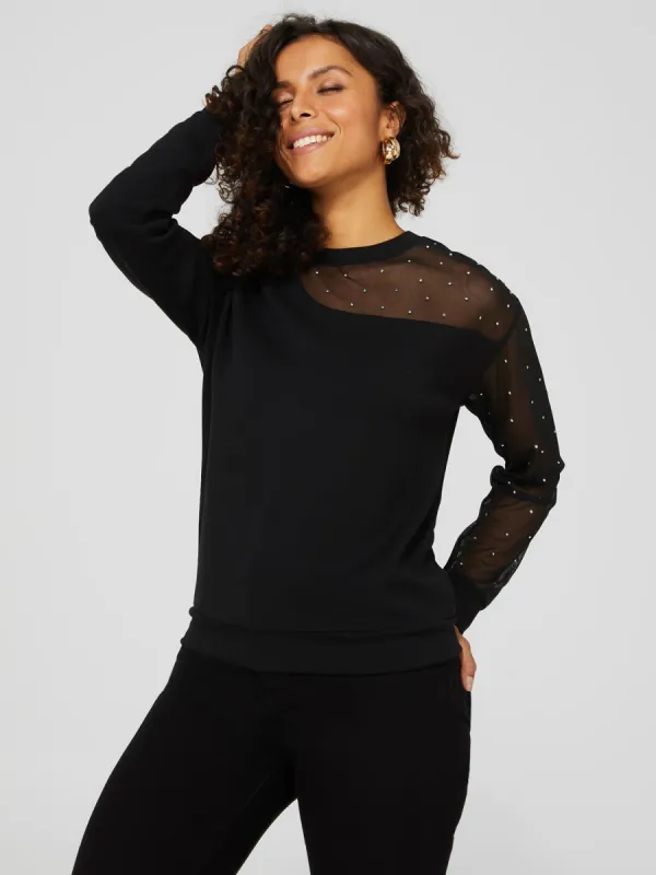 Jersey Sweatshirt With Rhinestone Mesh Sleeve sold by Suzy Shier