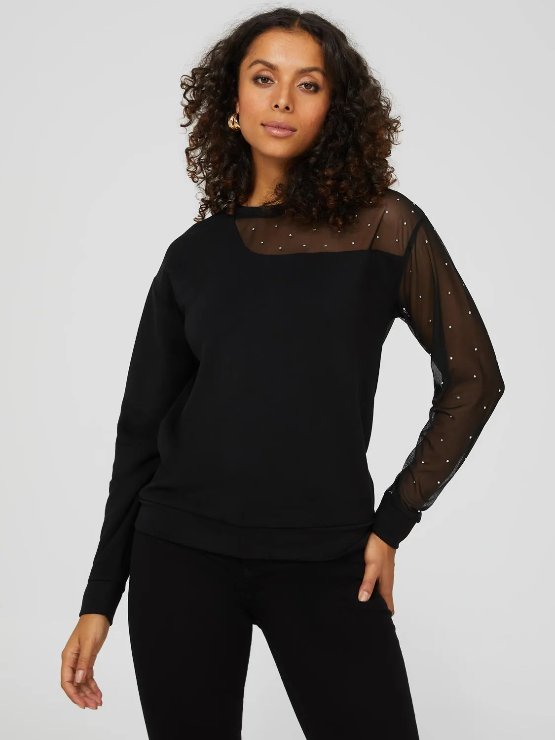 Jersey Sweatshirt With Rhinestone Mesh Sleeve sold by Suzy Shier product image thumbnail 3