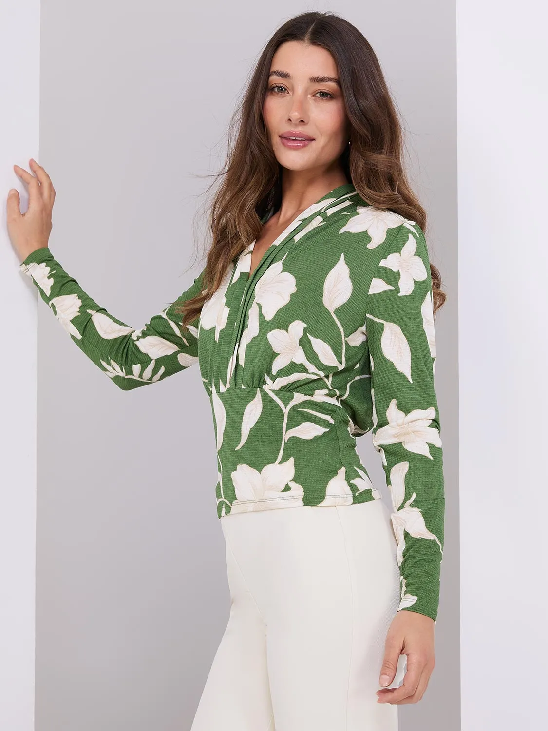 Textured Floral Print Pleated V-Neck Top sold by Suzy Shier product image thumbnail 4