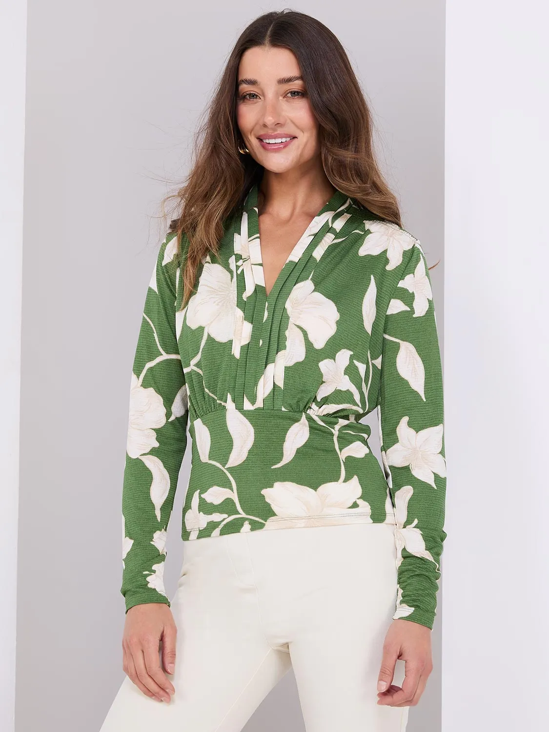 Textured Floral Print Pleated V-Neck Top sold by Suzy Shier