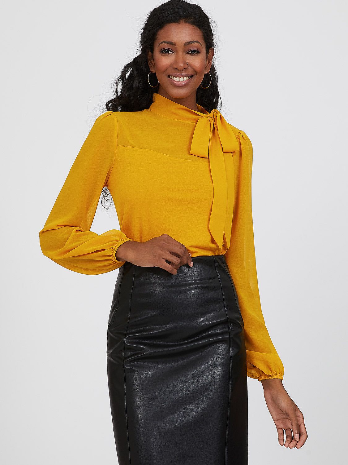 Chiffon Sleeve Mock Neck Side Bow Tie Top sold by Suzy Shier product image thumbnail 5