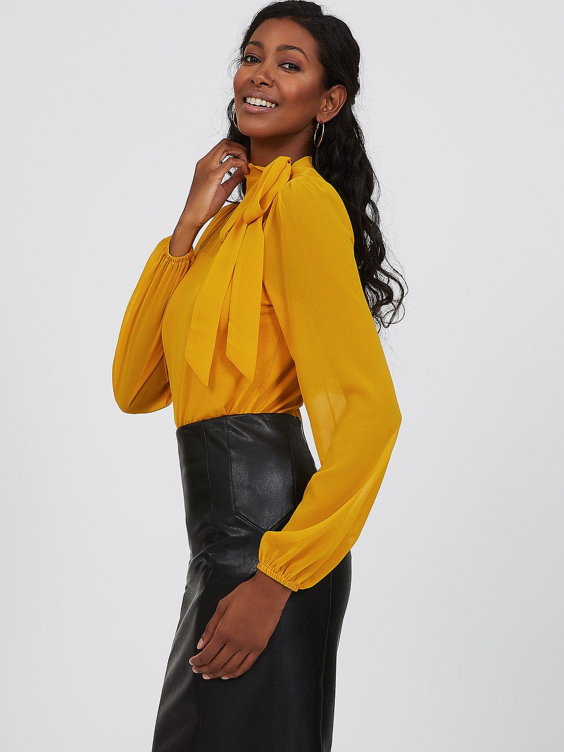 Chiffon Sleeve Mock Neck Side Bow Tie Top sold by Suzy Shier product image thumbnail 7