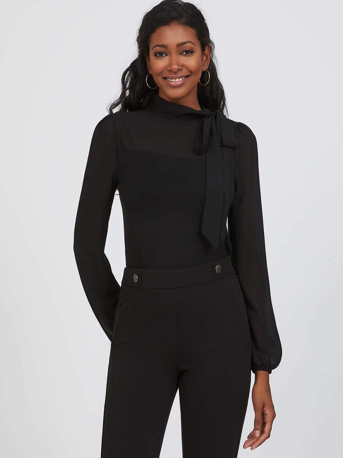 Chiffon Sleeve Mock Neck Side Bow Tie Top sold by Suzy Shier product image thumbnail 2