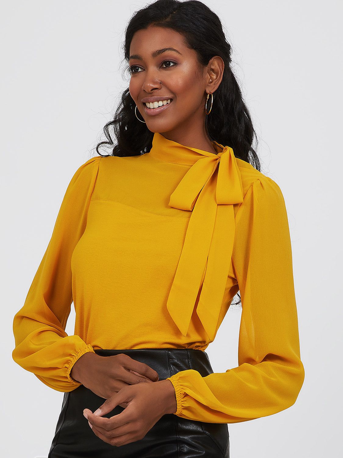 Chiffon Sleeve Mock Neck Side Bow Tie Top sold by Suzy Shier product image thumbnail 6