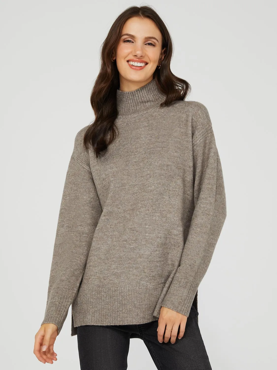 Mock Neck High-Low Sweater With Side Slits sold by Suzy Shier