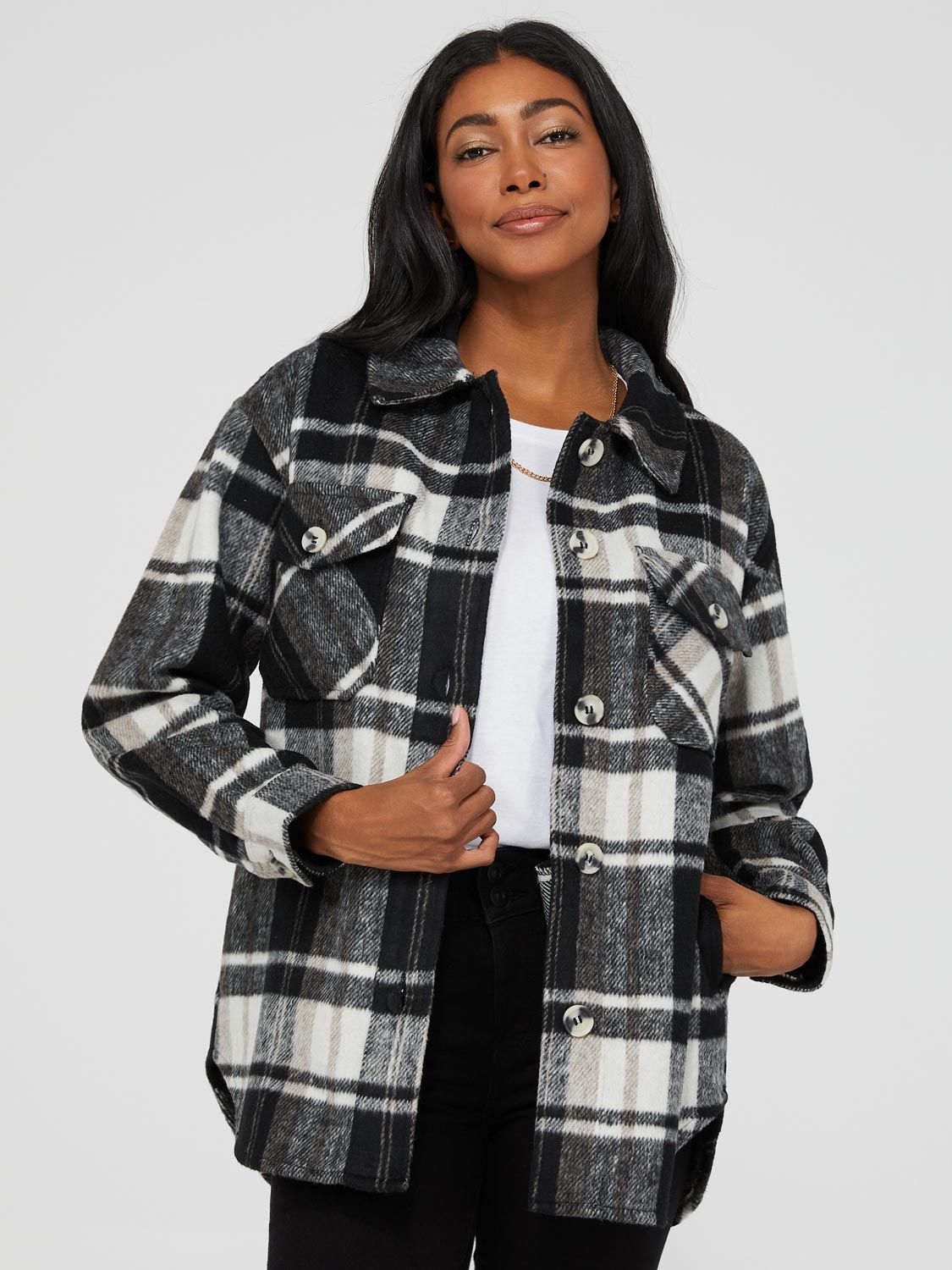 Short Plaid Shacket With Flap Pockets sold by Suzy Shier product image thumbnail 3