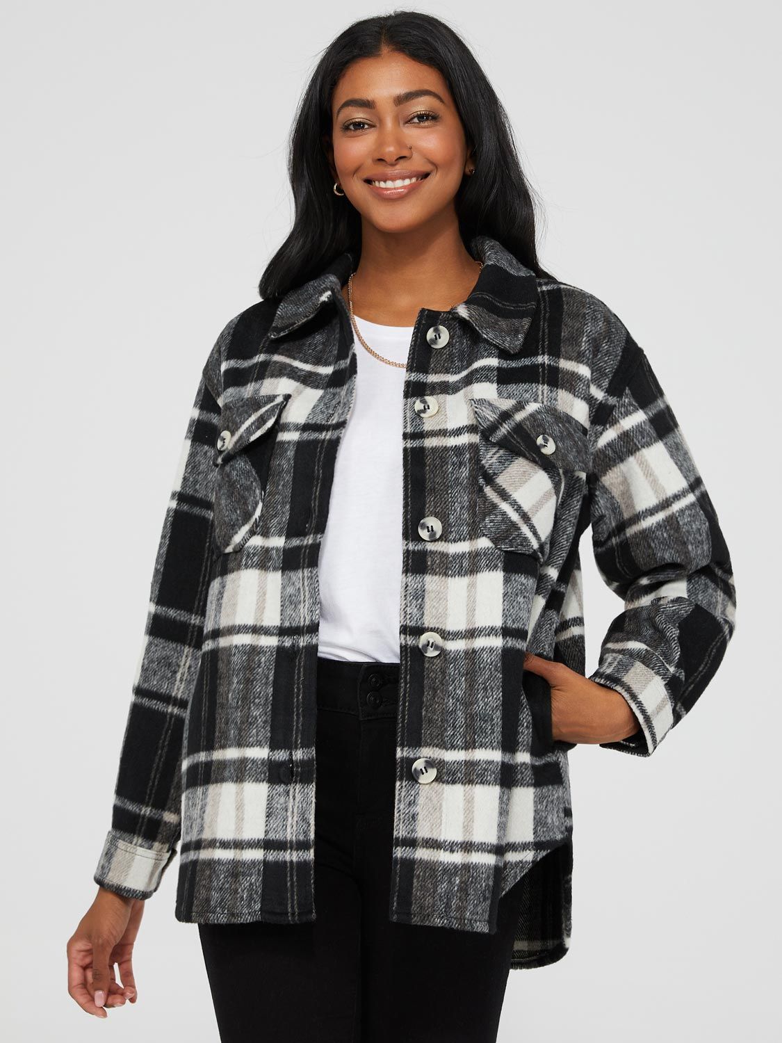 Short Plaid Shacket With Flap Pockets sold by Suzy Shier