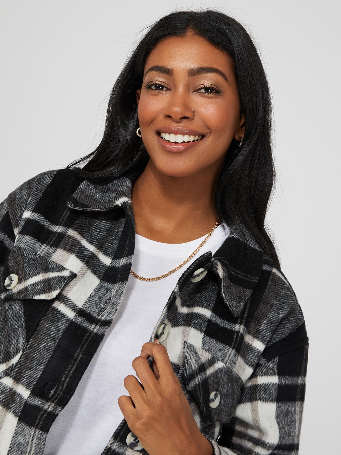 Short Plaid Shacket With Flap Pockets sold by Suzy Shier product image thumbnail 2