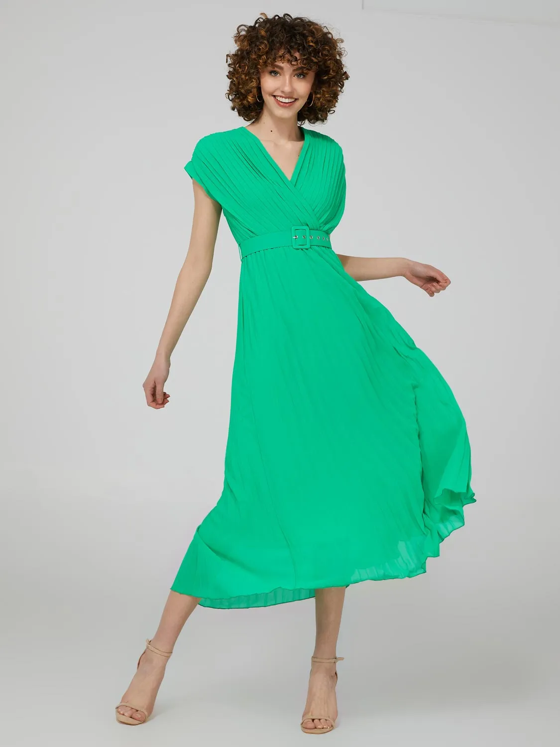 Pleated Crossover Dolman Sleeve Maxi Dress With Belt sold by Suzy Shier
