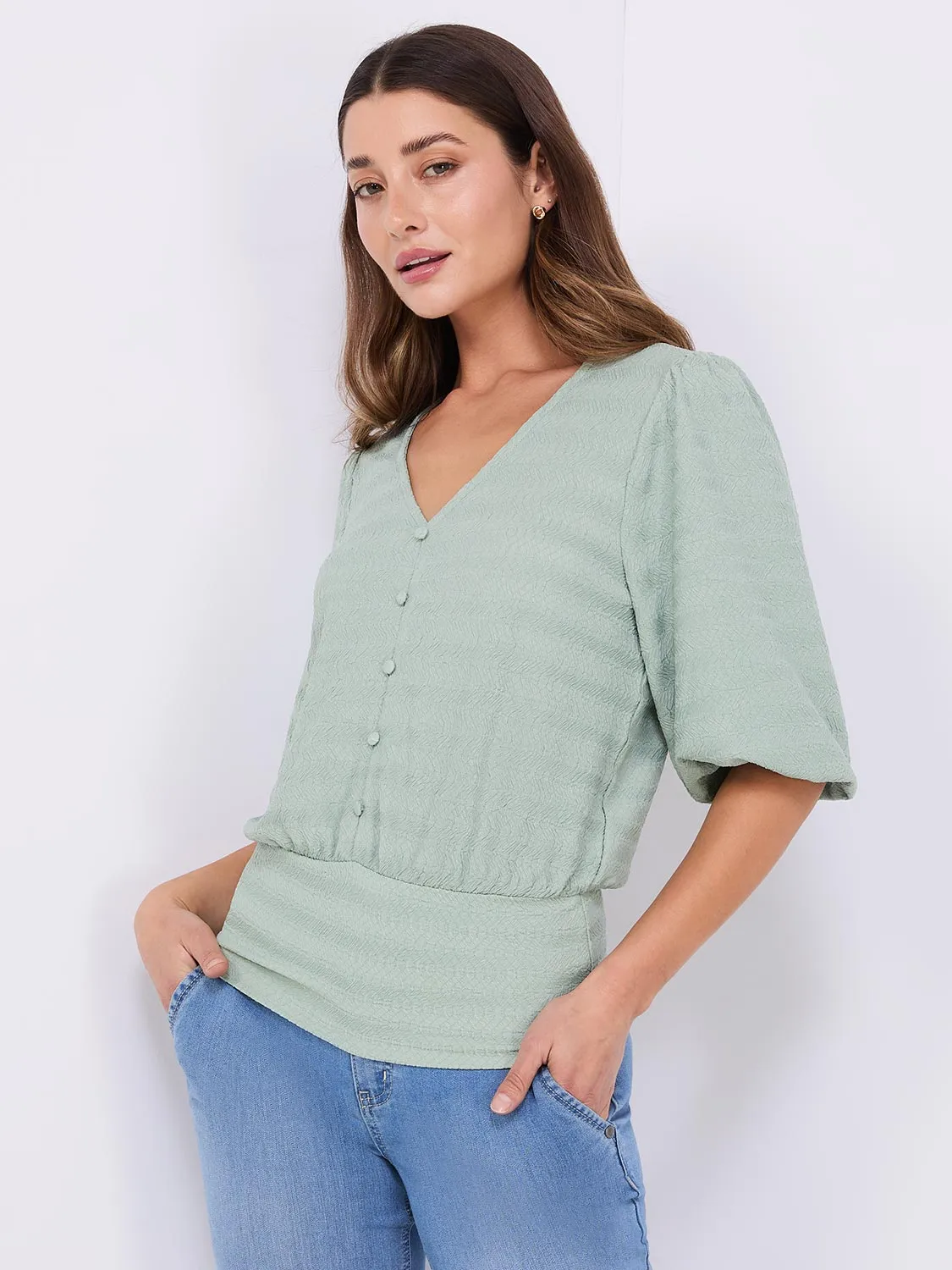 Balloon Sleeve V-Neck Top With Bottom Band sold by Suzy Shier