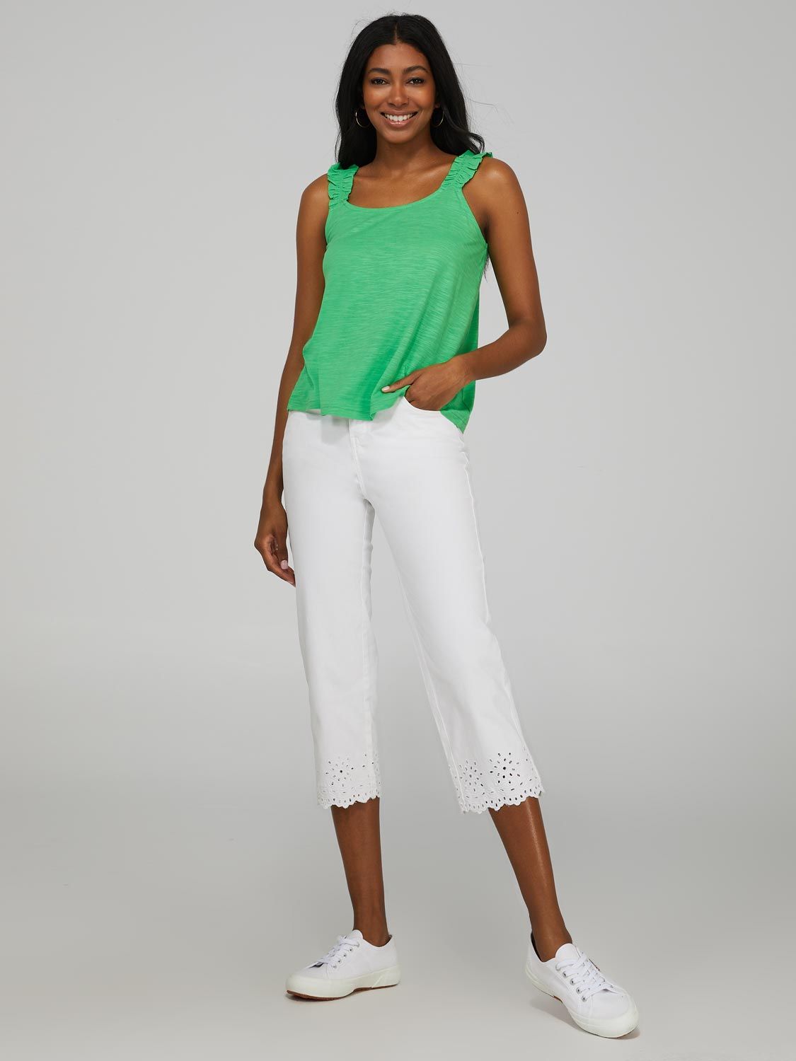 Embroidery Cutout Hem Capri sold by Suzy Shier