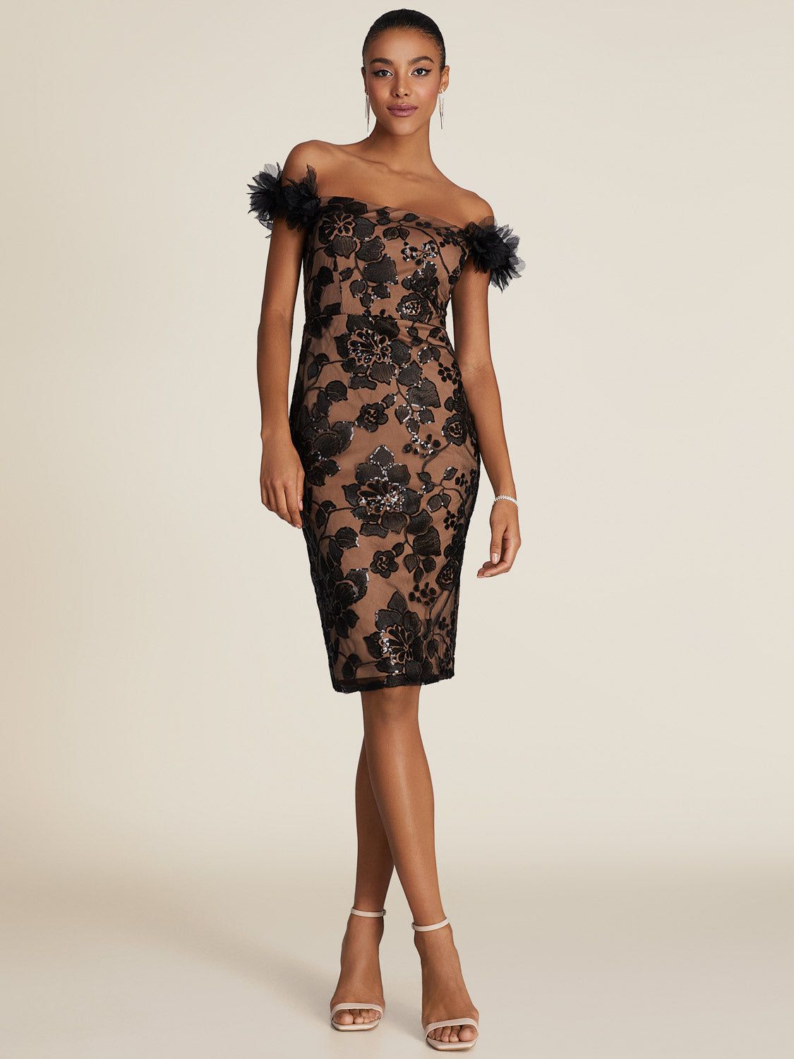 Off-The-Shoulder Knee Length Dress With Embroidered Sequins sold by Suzy Shier
