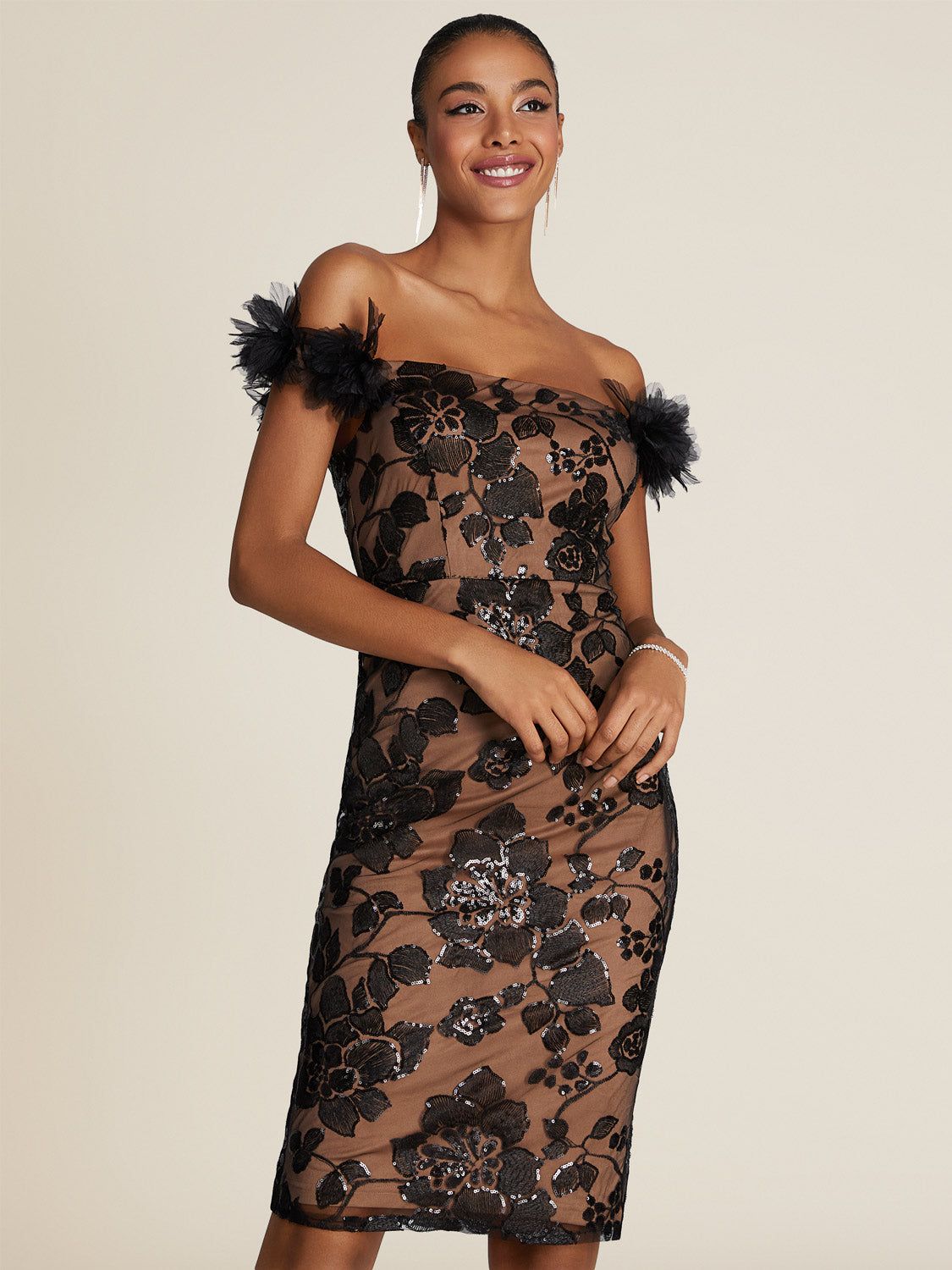 Off-The-Shoulder Knee Length Dress With Embroidered Sequins sold by Suzy Shier product image thumbnail 2