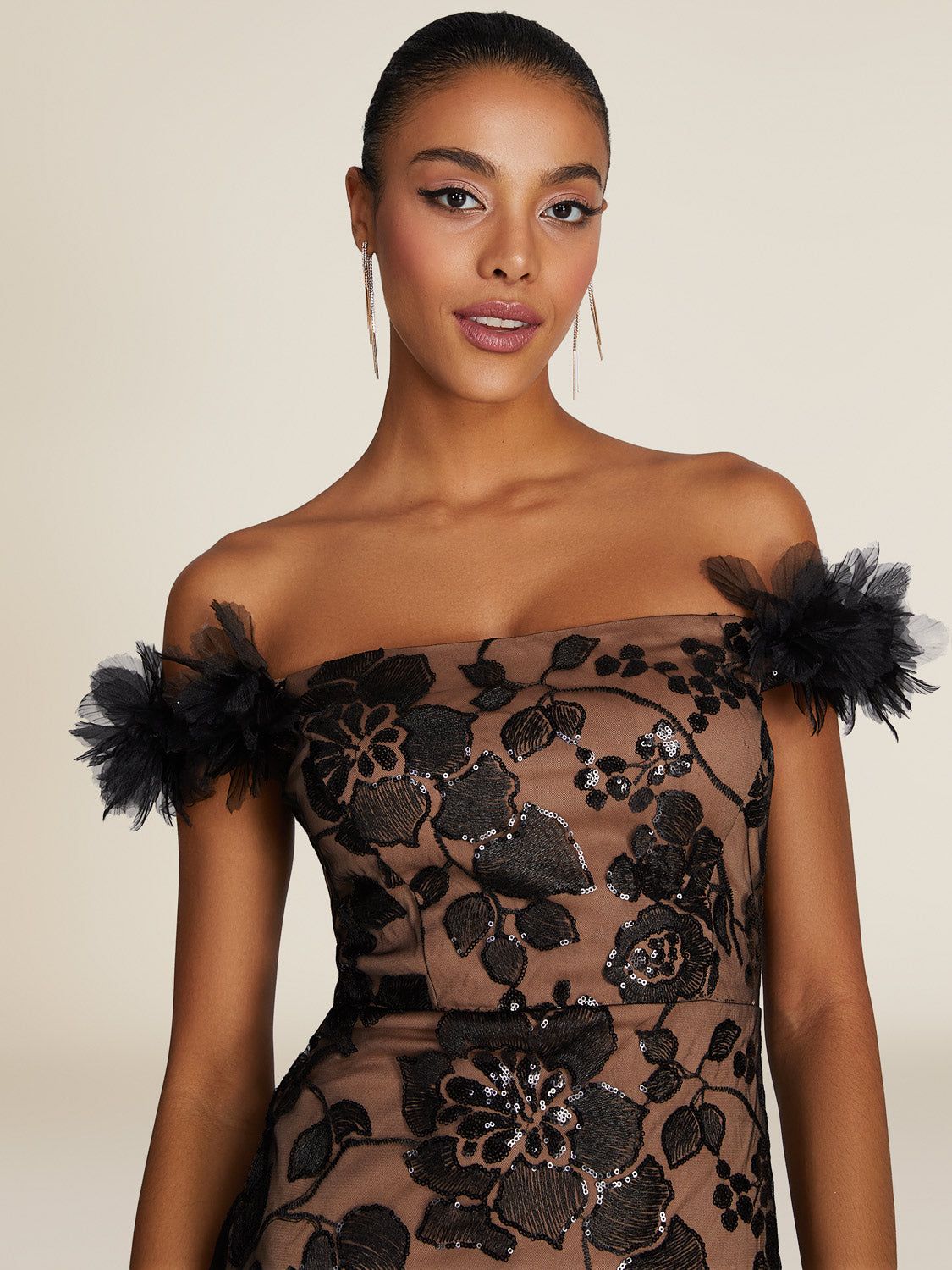 Off-The-Shoulder Knee Length Dress With Embroidered Sequins sold by Suzy Shier product image thumbnail 3