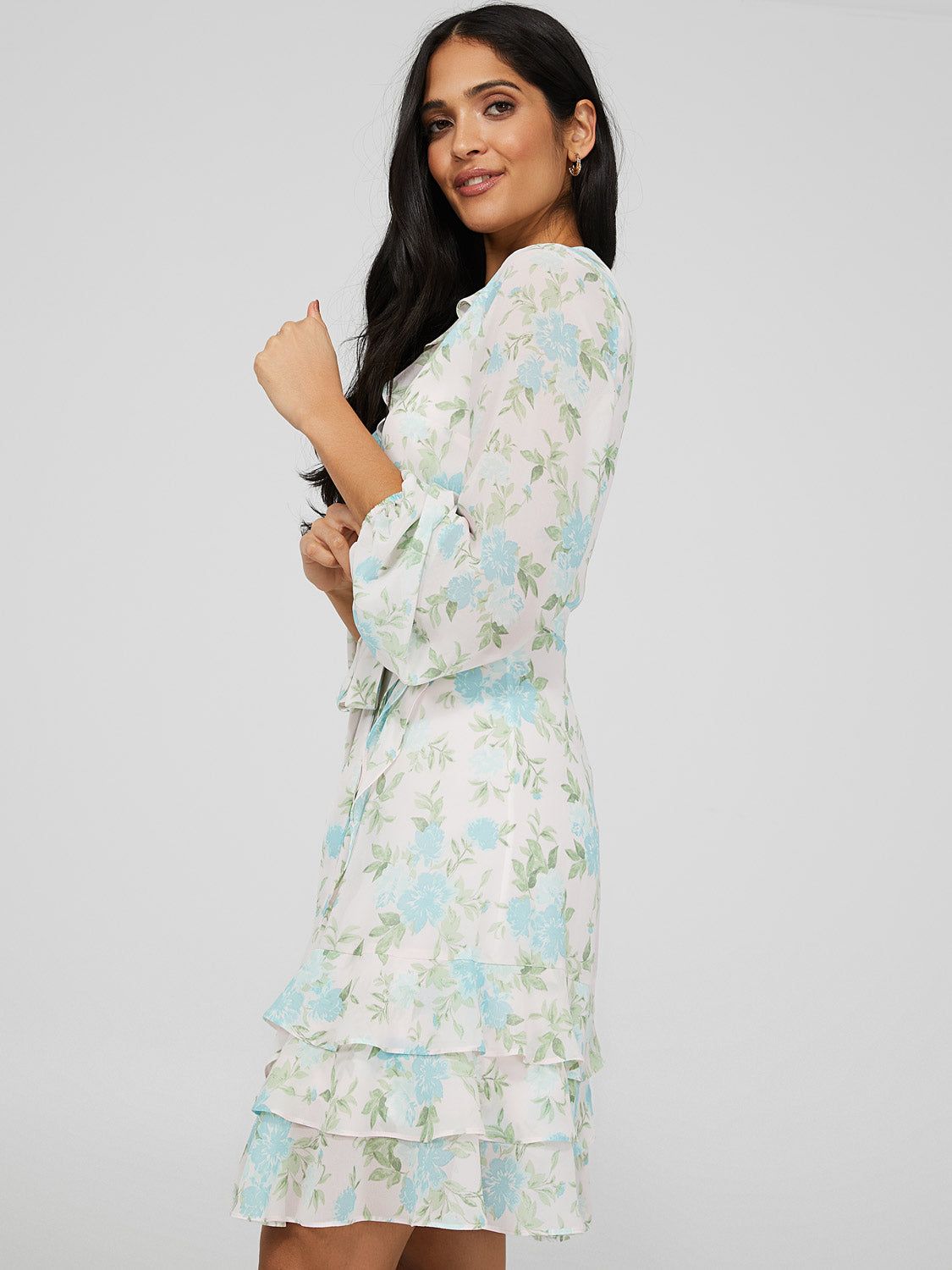 Printed Chiffon Crossover Dress With Ruffle Details sold by Suzy Shier product image thumbnail 4