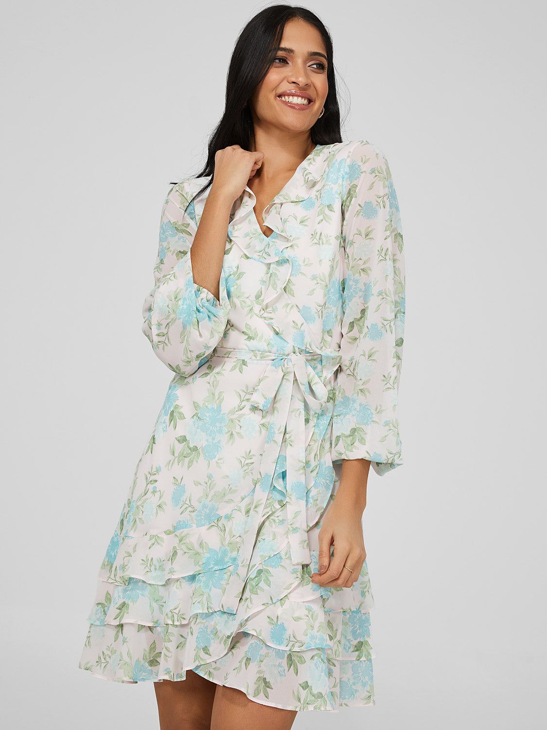 Printed Chiffon Crossover Dress With Ruffle Details sold by Suzy Shier product image thumbnail 3