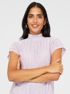 Short Sleeve Mock Neck Plisse Top sold by Suzy Shier