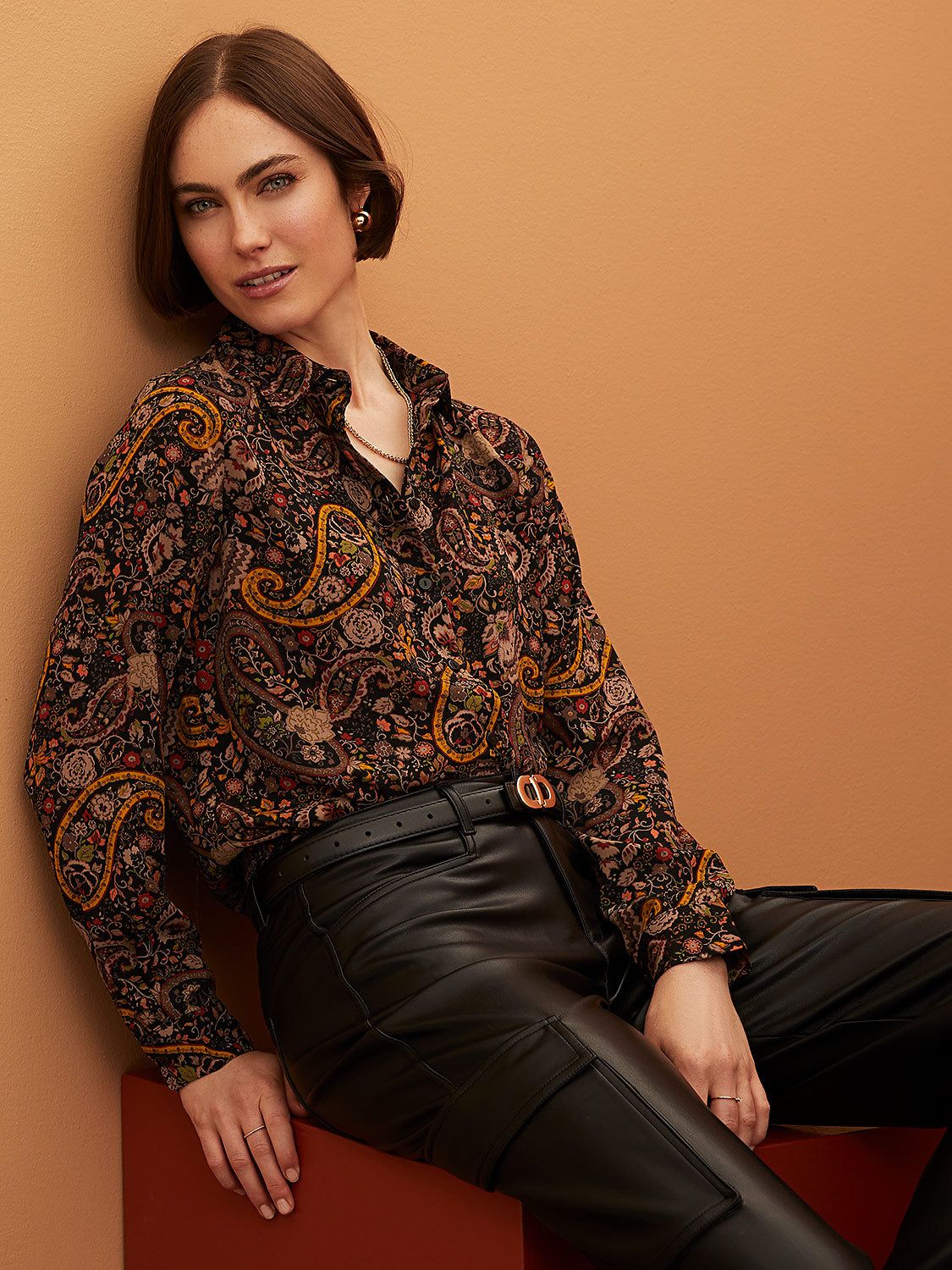 Paisley Print Crepe Button-Front Blouse With Rounded Hem sold by Suzy Shier