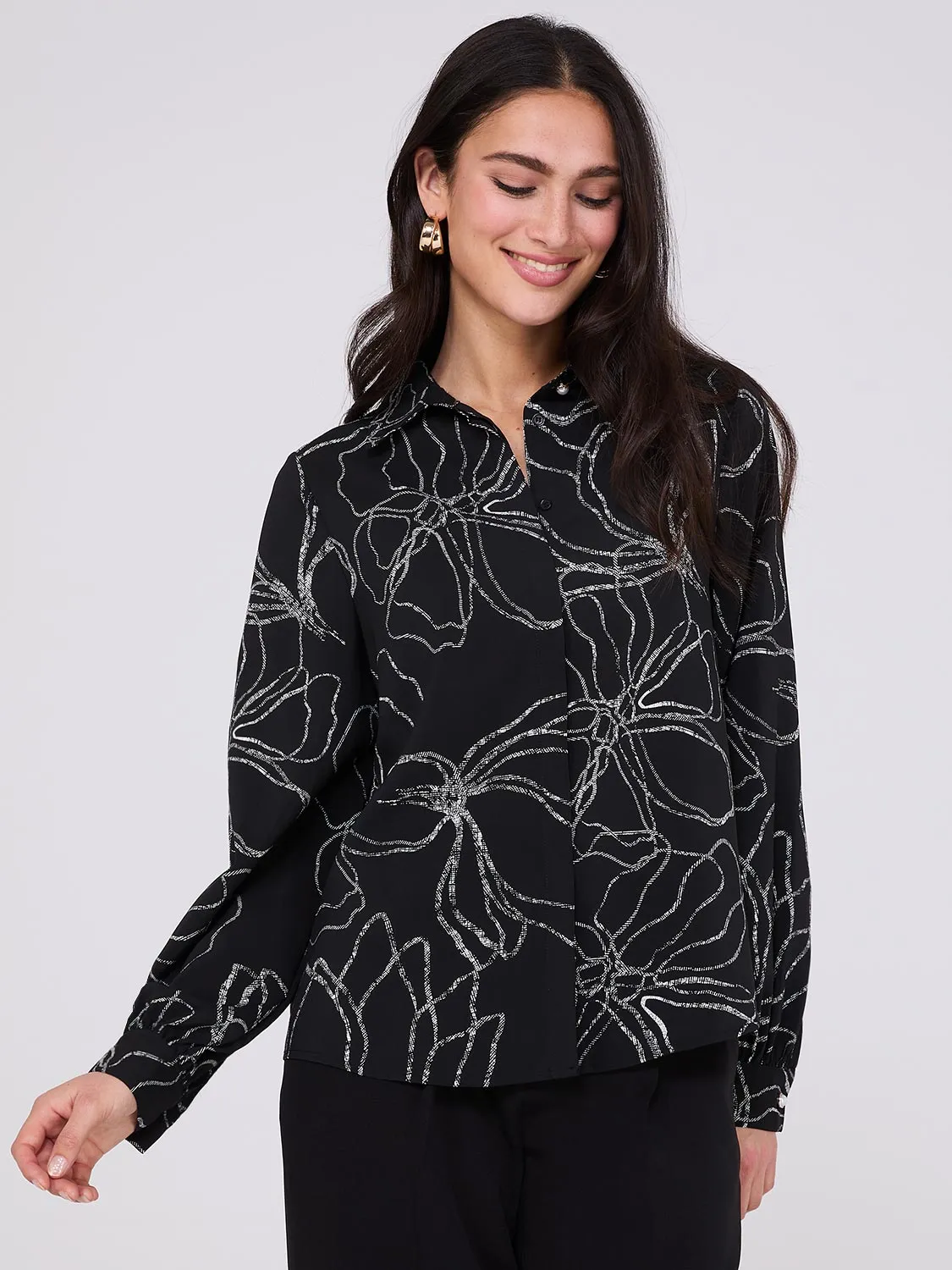 Silky Floral Print Button-Front Blouse sold by Suzy Shier