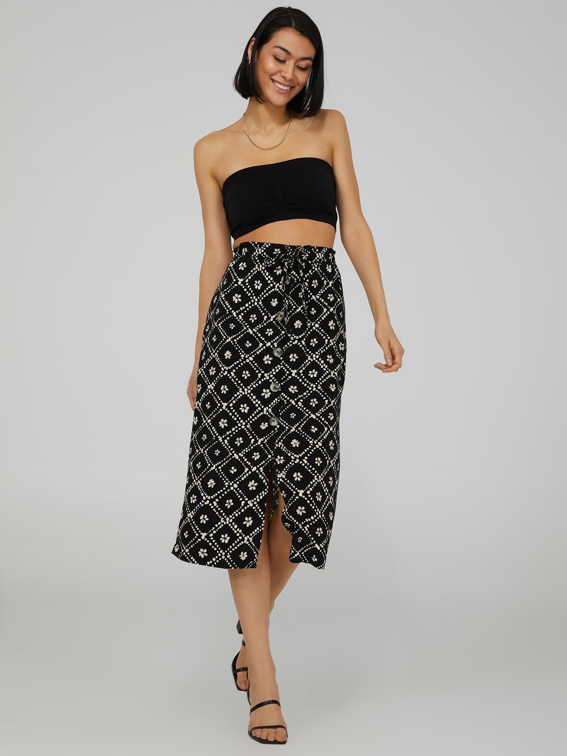 Printed Button-Front Midi Skirt sold by Suzy Shier