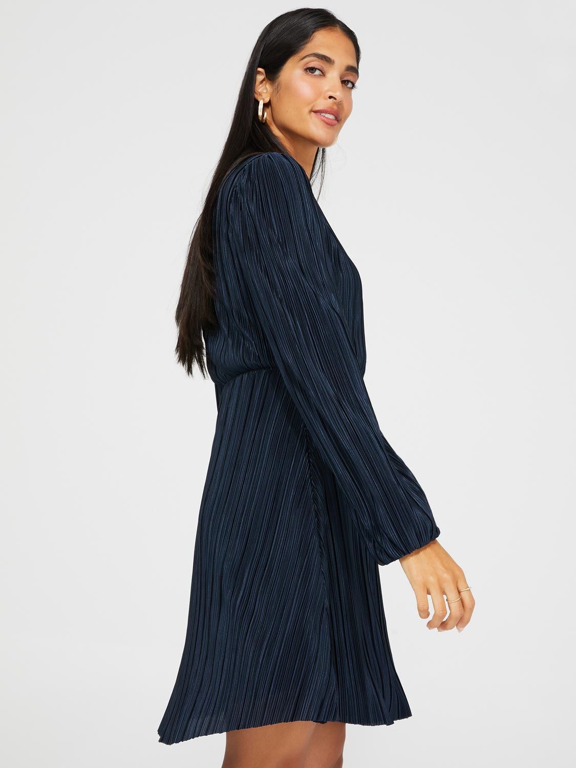 Crossover Plisse Mini Dress With Long Bubble Sleeves sold by Suzy Shier product image thumbnail 4