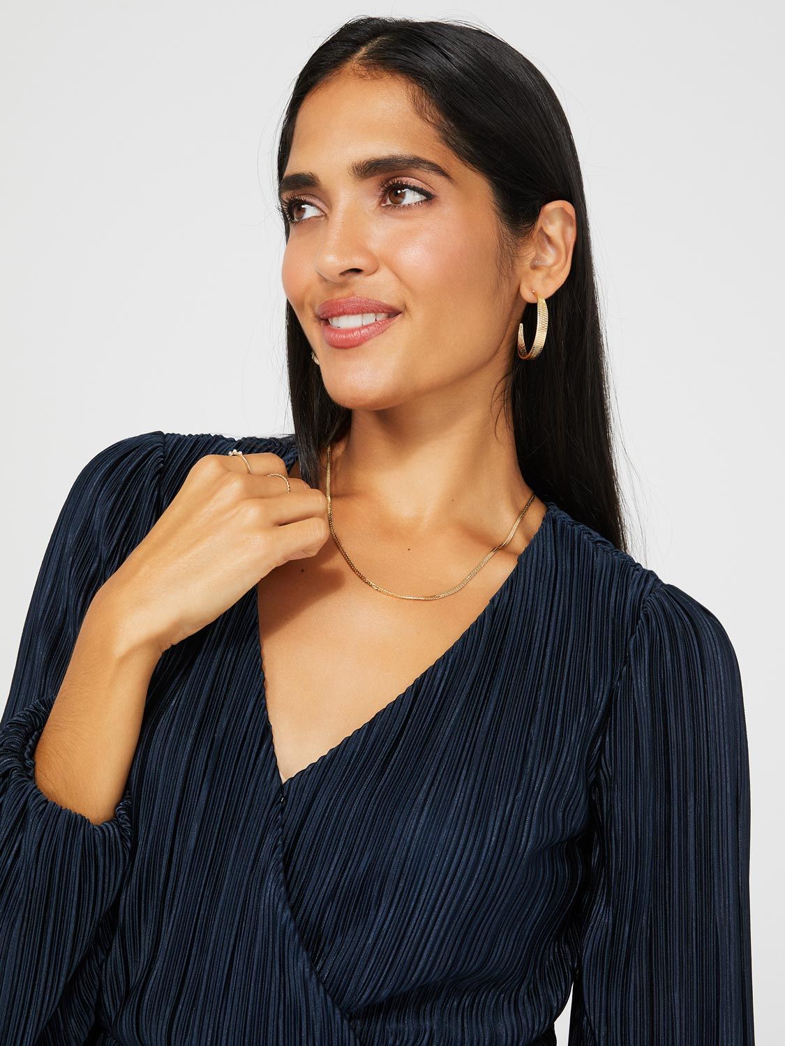 Crossover Plisse Mini Dress With Long Bubble Sleeves sold by Suzy Shier product image thumbnail 3